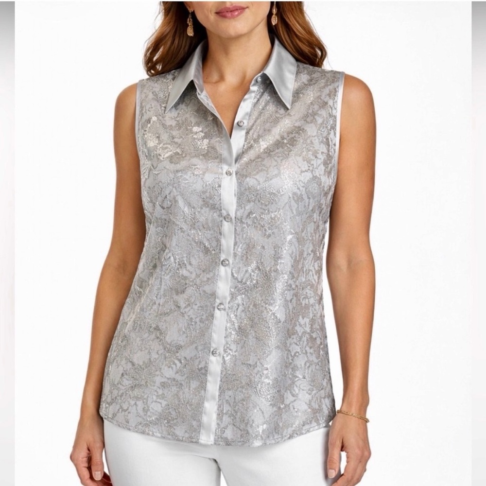 Vintage Escada Sleeveless Blouse SILK Luxury Lace Neiman Marcus NWT True Silver